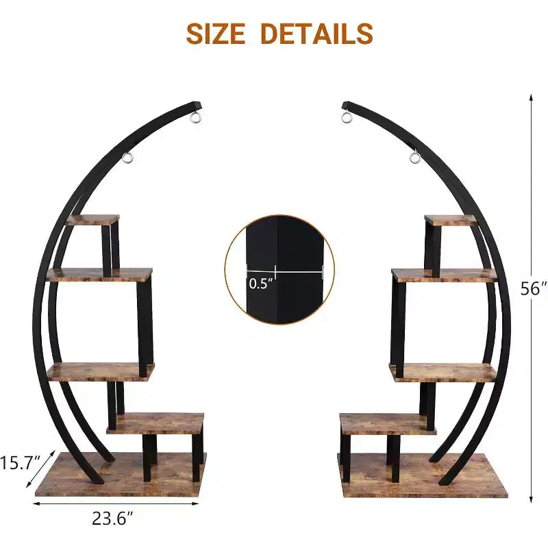 5-Tier Tall Metal Indoor Plant Stand,Half-Moon Garden Plant Holder with 4 Hanging Hooks,Round Flower Shelf Rack for Home,Balcony,Living Room & Garden
