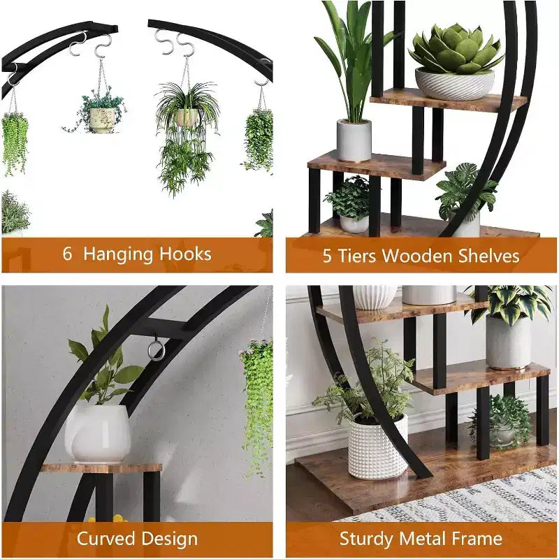 5-Tier Tall Metal Indoor Plant Stand,Half-Moon Garden Plant Holder with 4 Hanging Hooks,Round Flower Shelf Rack for Home,Balcony,Living Room & Garden