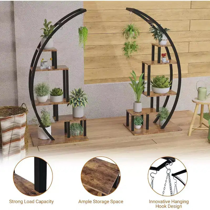 5-Tier Tall Metal Indoor Plant Stand,Half-Moon Garden Plant Holder with 4 Hanging Hooks,Round Flower Shelf Rack for Home,Balcony,Living Room & Garden