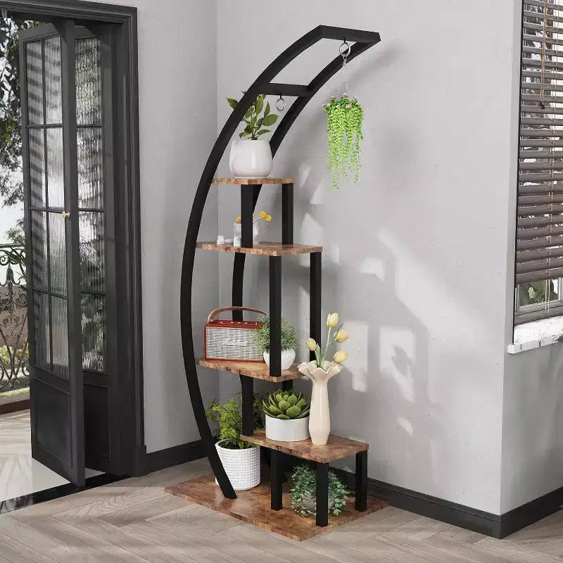 5-Tier Tall Metal Indoor Plant Stand,Half-Moon Garden Plant Holder with 4 Hanging Hooks,Round Flower Shelf Rack for Home,Balcony,Living Room & Garden