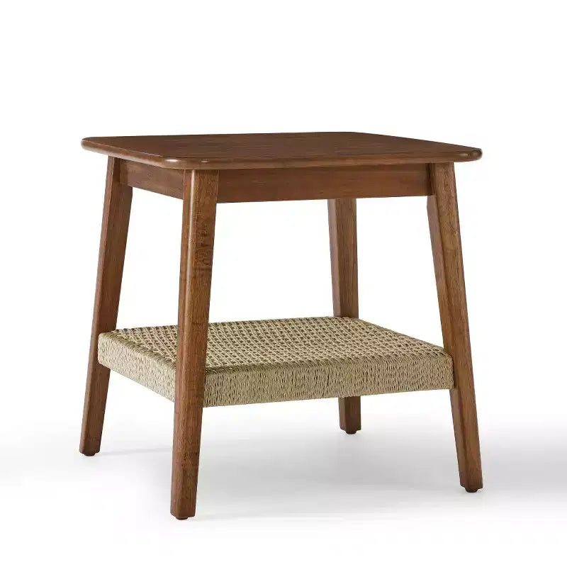 23" Mid-Century Square End Table with Woven Open Shelf, Solid Wood Legs, 2-Tier Side Table for Living Room, Bedroom, or Office