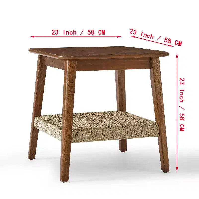 23" Mid-Century Square End Table with Woven Open Shelf, Solid Wood Legs, 2-Tier Side Table for Living Room, Bedroom, or Office