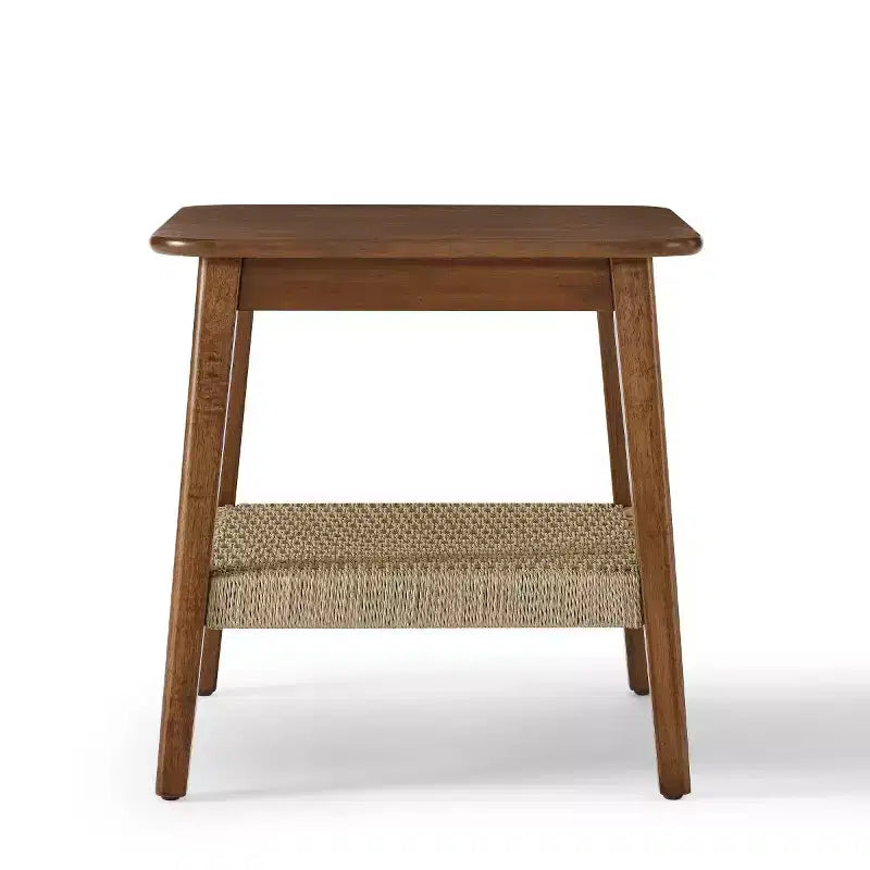 23" Mid-Century Square End Table with Woven Open Shelf, Solid Wood Legs, 2-Tier Side Table for Living Room, Bedroom, or Office