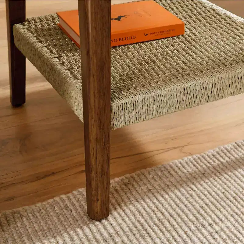 23" Mid-Century Square End Table with Woven Open Shelf, Solid Wood Legs, 2-Tier Side Table for Living Room, Bedroom, or Office
