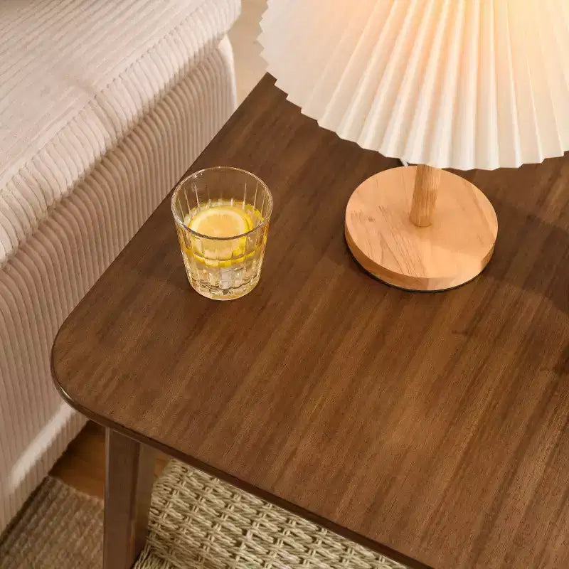 23" Mid-Century Square End Table with Woven Open Shelf, Solid Wood Legs, 2-Tier Side Table for Living Room, Bedroom, or Office