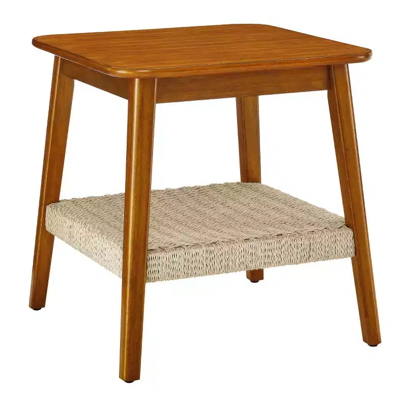 23" Mid-Century Square End Table with Woven Open Shelf, Solid Wood Legs, 2-Tier Side Table for Living Room, Bedroom, or Office