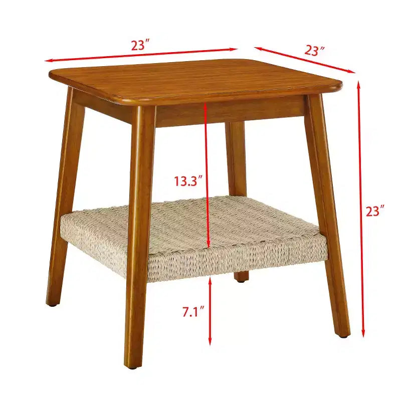 23" Mid-Century Square End Table with Woven Open Shelf, Solid Wood Legs, 2-Tier Side Table for Living Room, Bedroom, or Office