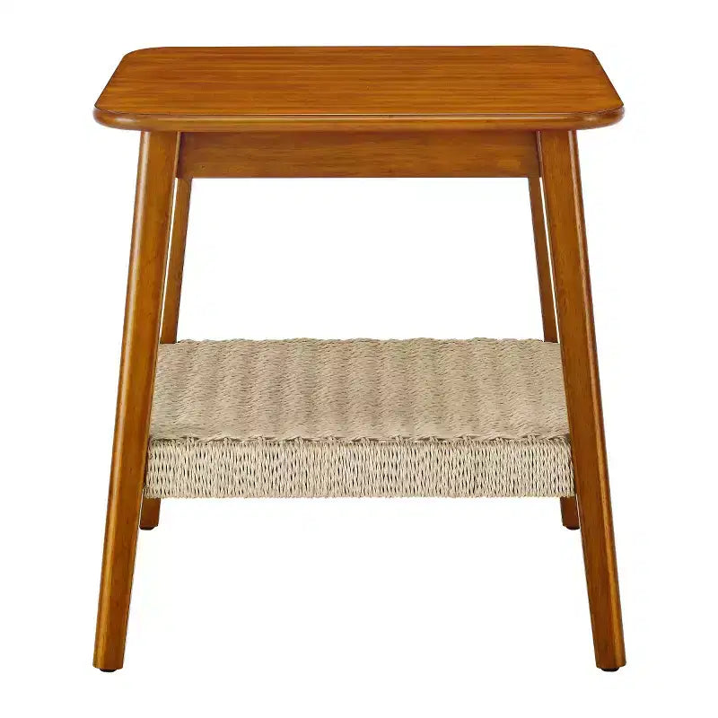 23" Mid-Century Square End Table with Woven Open Shelf, Solid Wood Legs, 2-Tier Side Table for Living Room, Bedroom, or Office