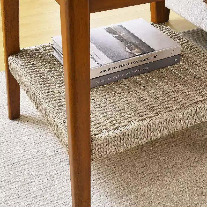 23" Mid-Century Square End Table with Woven Open Shelf, Solid Wood Legs, 2-Tier Side Table for Living Room, Bedroom, or Office
