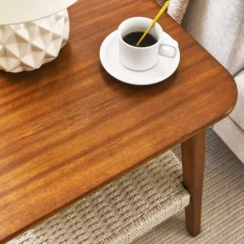 23" Mid-Century Square End Table with Woven Open Shelf, Solid Wood Legs, 2-Tier Side Table for Living Room, Bedroom, or Office