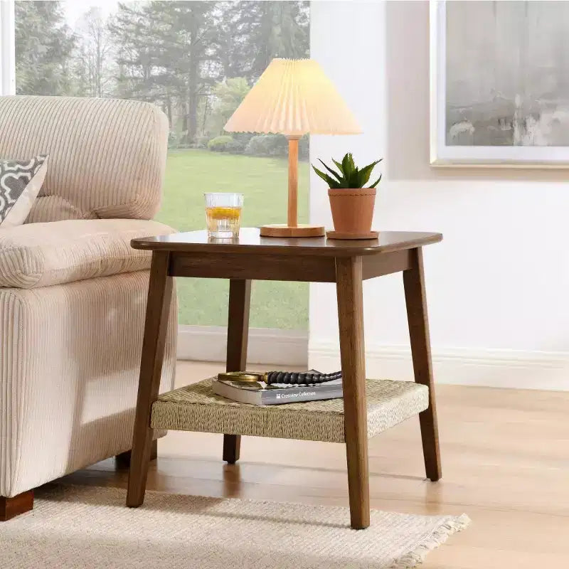 23" Mid-Century Square End Table with Woven Open Shelf, Solid Wood Legs, 2-Tier Side Table for Living Room, Bedroom, or Office