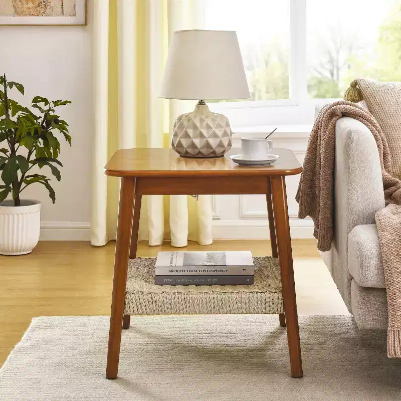 23 Mid-Century Square End Table with Woven Open Shelf, Solid Wood Legs, 2-Tier Side Table for Living Room, Bedroom, or Office-Panipeachy