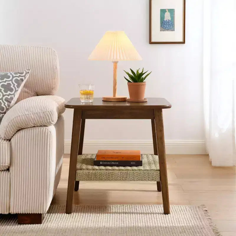 23" Mid-Century Square End Table with Woven Open Shelf, Solid Wood Legs, 2-Tier Side Table for Living Room, Bedroom, or Office