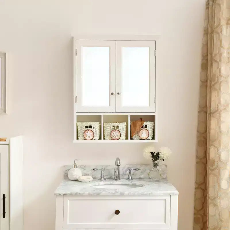 GDFStudio Taemin Modern Wooden Bathroom Storage Cabinet with Mirror, 2 Doors and 3 Plastic Baskets