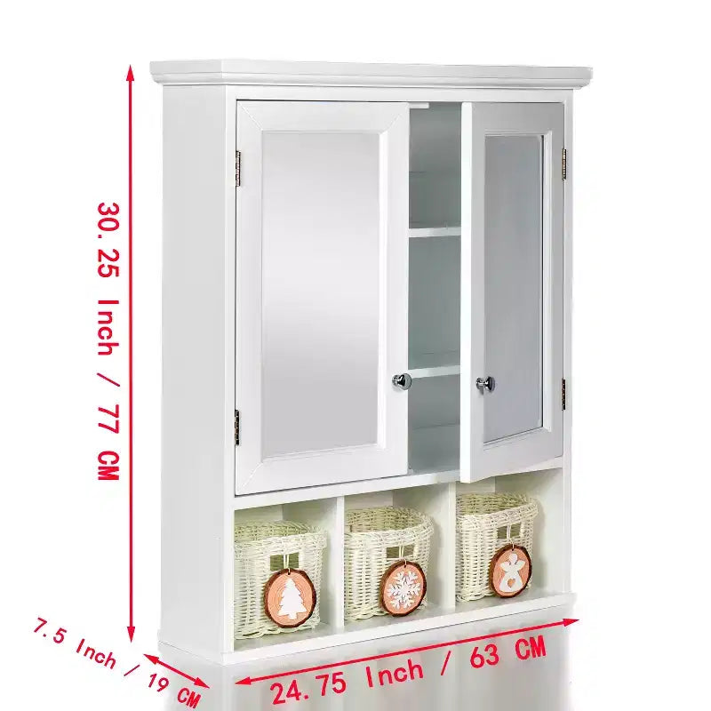 Modern Wooden Bathroom Storage Cabinet with Mirror, 2 Doors and 3 Plastic Baskets