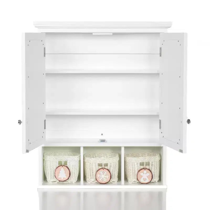 Modern Wooden Bathroom Storage Cabinet with Mirror, 2 Doors and 3 Plastic Baskets