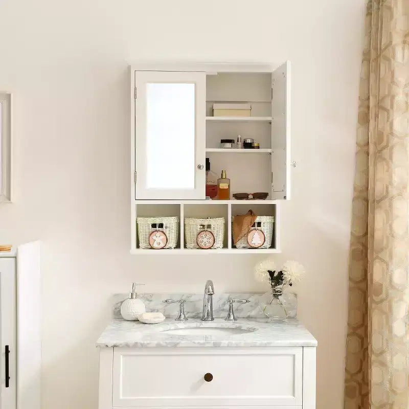Modern Wooden Bathroom Storage Cabinet with Mirror, 2 Doors and 3 Plastic Baskets