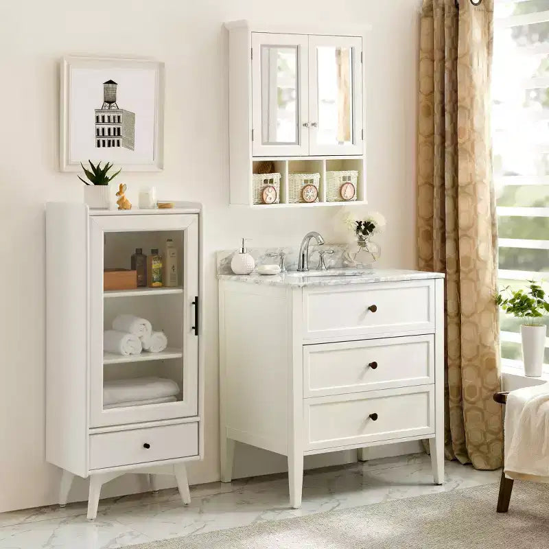Modern Wooden Bathroom Storage Cabinet with Mirror, 2 Doors and 3 Plastic Baskets