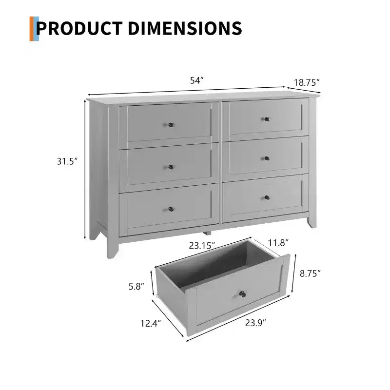 6 Drawer Dresser for Bedroom, Simply Modern Chest of Drawers, Wood Storage Large Dresser with Deep Drawers for Living Room, Hallway Entryway