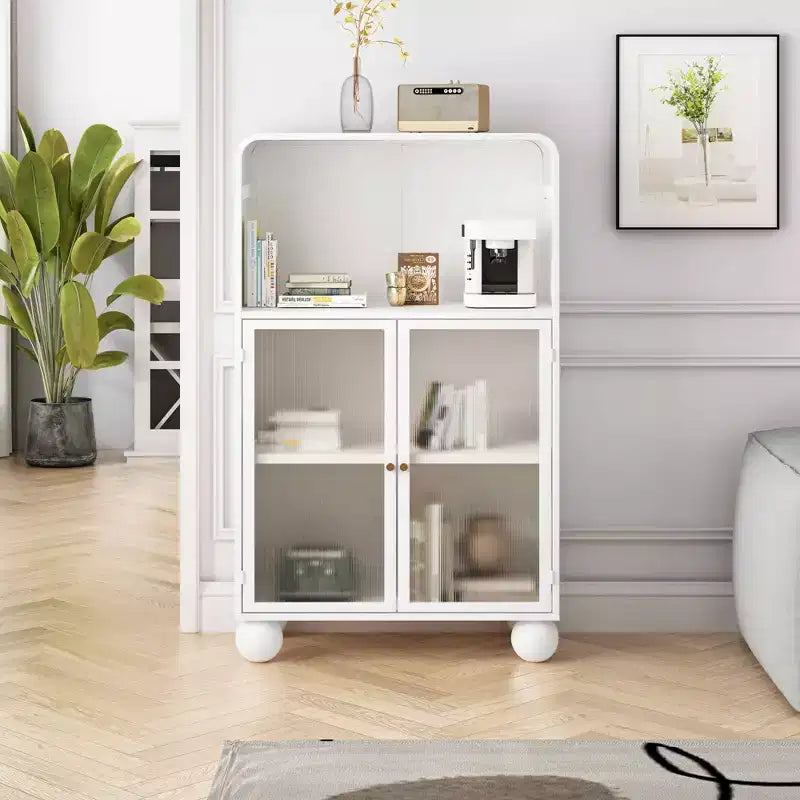 45.28" Storage Cabinet with Glass Doors and Shelves, Display Storage Cabinet for Bathroom & Living Room, White