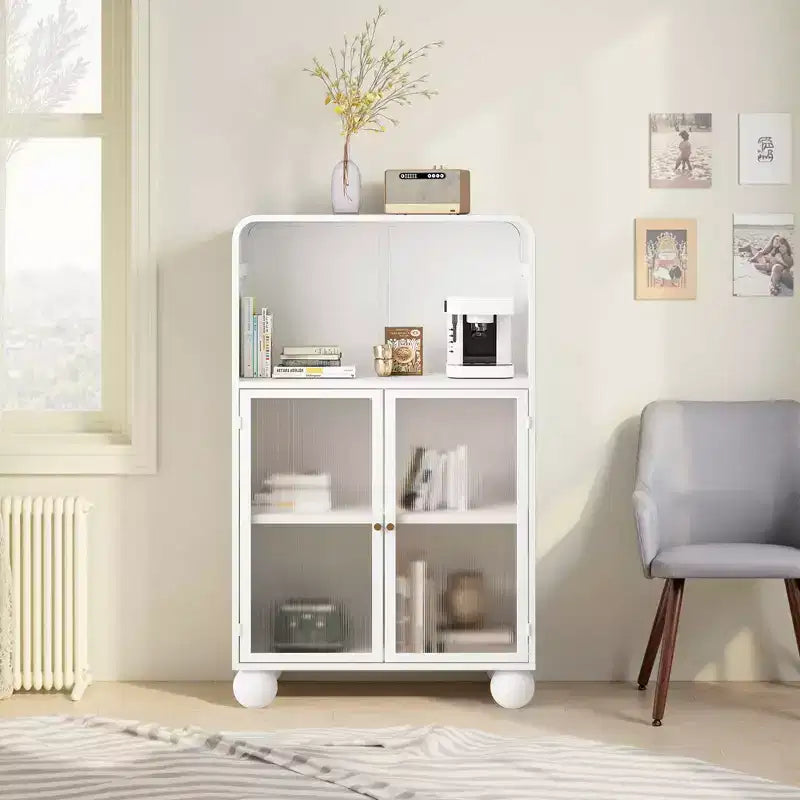 45.28" Storage Cabinet with Glass Doors and Shelves, Display Storage Cabinet for Bathroom & Living Room, White