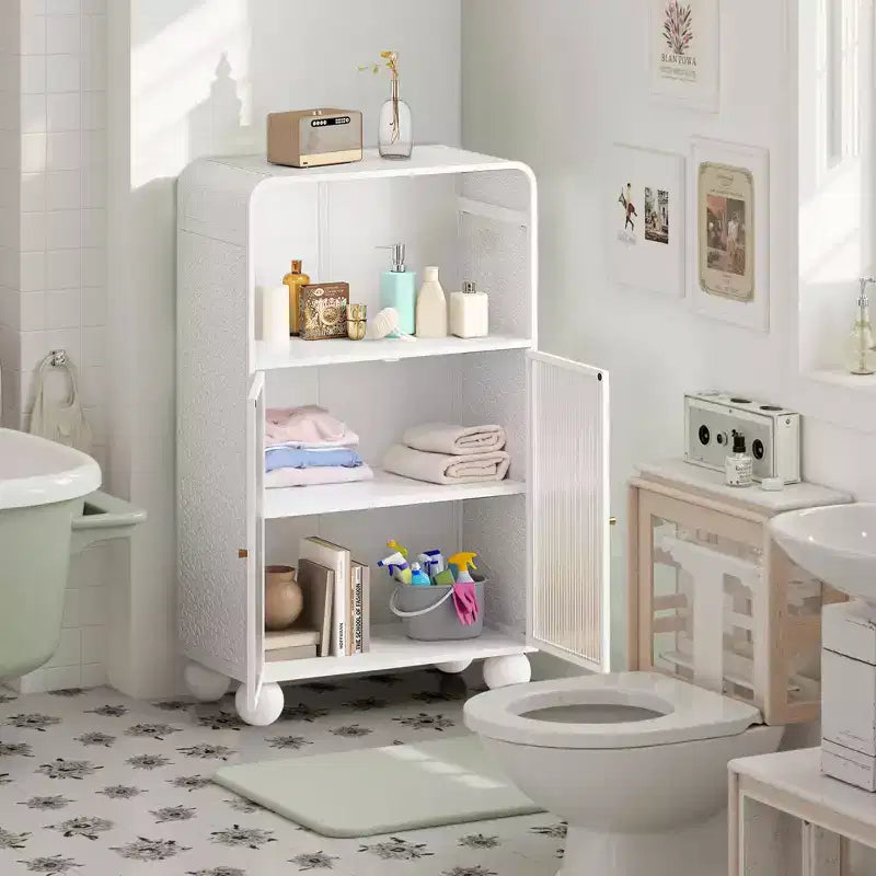 45.28" Storage Cabinet with Glass Doors and Shelves, Display Storage Cabinet for Bathroom & Living Room, White