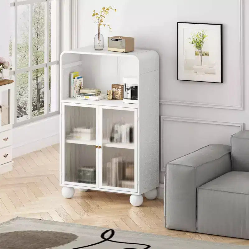 45.28" Storage Cabinet with Glass Doors and Shelves, Display Storage Cabinet for Bathroom & Living Room, White