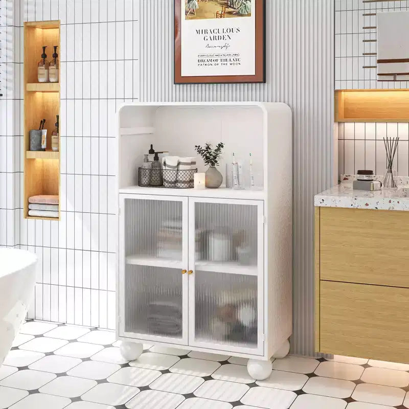 45.28" Storage Cabinet with Glass Doors and Shelves, Display Storage Cabinet for Bathroom & Living Room, White