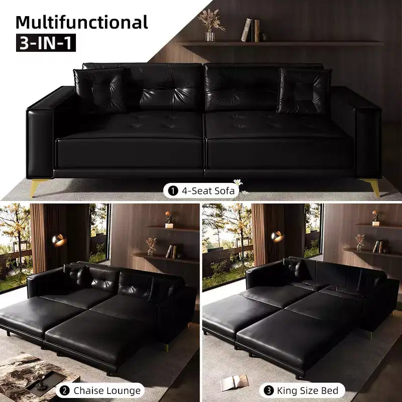 92.1" King Size Pull Out Sleeper Sofa Bed, 3-in-1 Faux Leather Convertible Sofa Couch with 2 Pillows