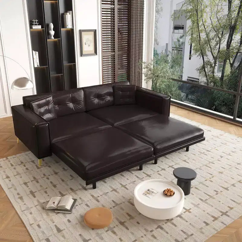 92.1" King Size Pull Out Sleeper Sofa Bed, 3-in-1 Faux Leather Convertible Sofa Couch with 2 Pillows