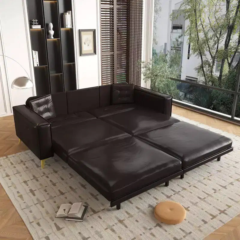 92.1" King Size Pull Out Sleeper Sofa Bed, 3-in-1 Faux Leather Convertible Sofa Couch with 2 Pillows