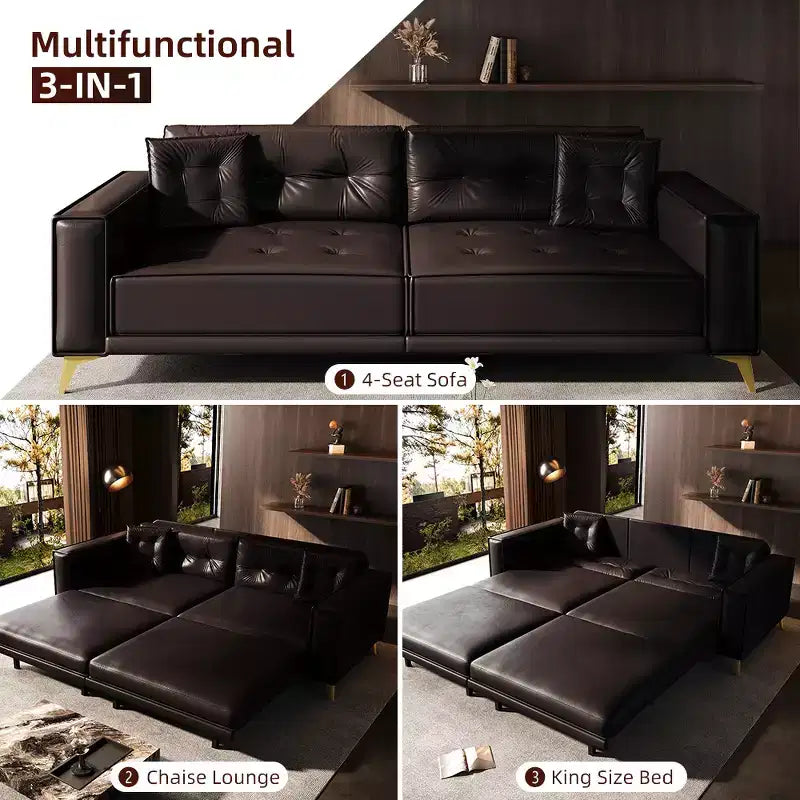 92.1" King Size Pull Out Sleeper Sofa Bed, 3-in-1 Faux Leather Convertible Sofa Couch with 2 Pillows