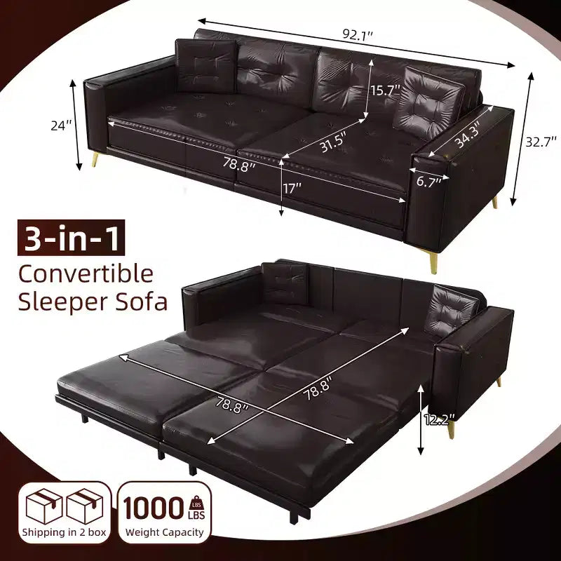 92.1" King Size Pull Out Sleeper Sofa Bed, 3-in-1 Faux Leather Convertible Sofa Couch with 2 Pillows