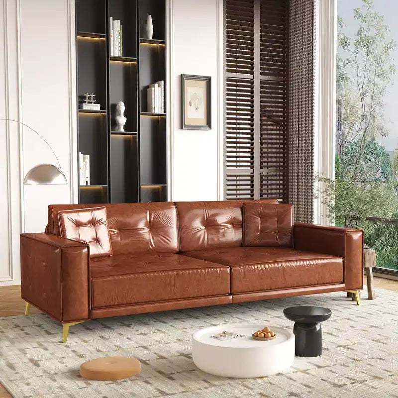 92.1" King Size Pull Out Sleeper Sofa Bed, 3-in-1 Faux Leather Convertible Sofa Couch with 2 Pillows