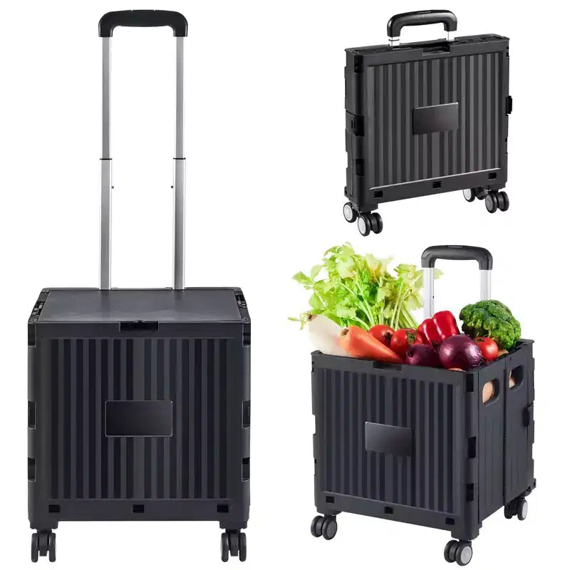 Foldable Rolling Utility Cart, 110 lb Capacity Portable Crate with Telescoping Handle and 4 Swivel Wheels, Black