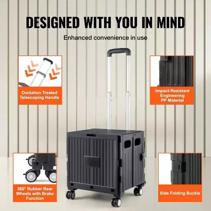 Foldable Rolling Utility Cart, 110 lb Capacity Portable Crate with Telescoping Handle and 4 Swivel Wheels, Black