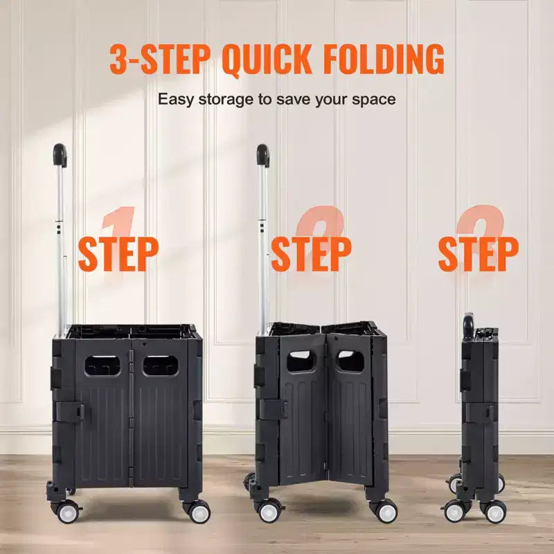 Foldable Rolling Utility Cart, 110 lb Capacity Portable Crate with Telescoping Handle and 4 Swivel Wheels, Black