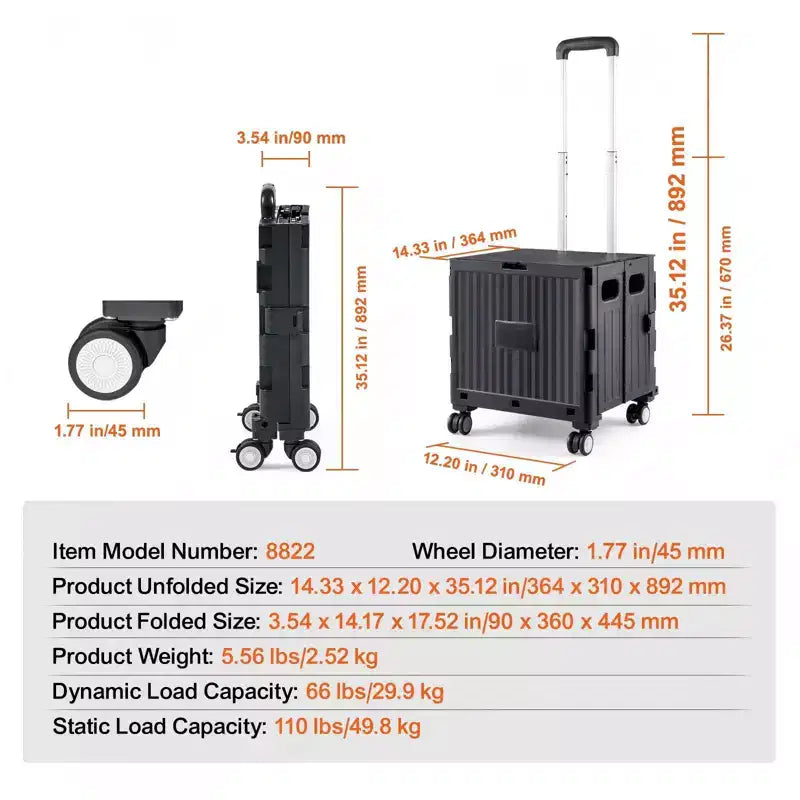 Foldable Rolling Utility Cart, 110 lb Capacity Portable Crate with Telescoping Handle and 4 Swivel Wheels, Black
