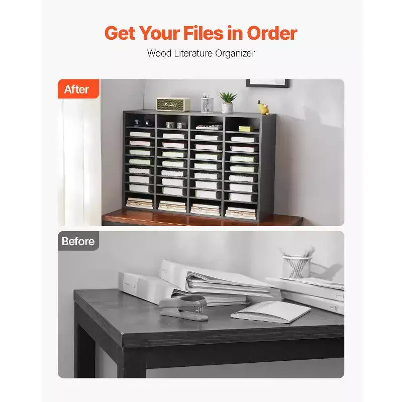 36-Compartment Literature Organizer with Adjustable Shelves Wood Mail Sorter