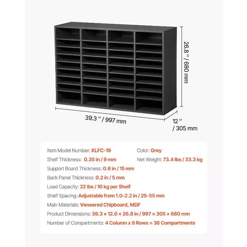 36-Compartment Literature Organizer with Adjustable Shelves Wood Mail Sorter