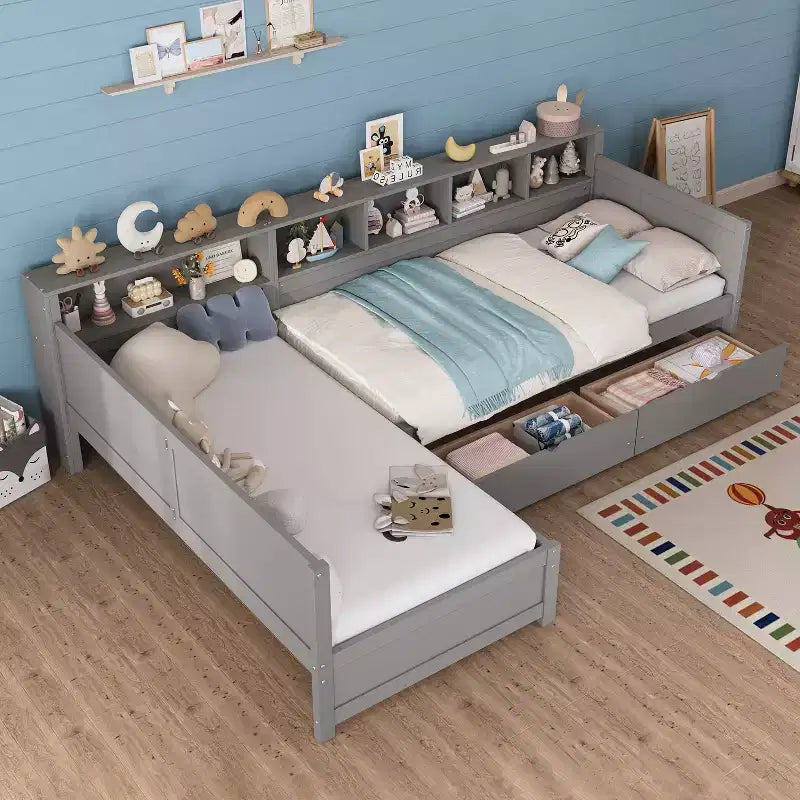 Twin Size Day Bed for 2, L- Shape Twin Size Platform Bed with Storage Drawers, Wooden Corner Bed with Bookshelf, Corner Bed Frame for Bedroom