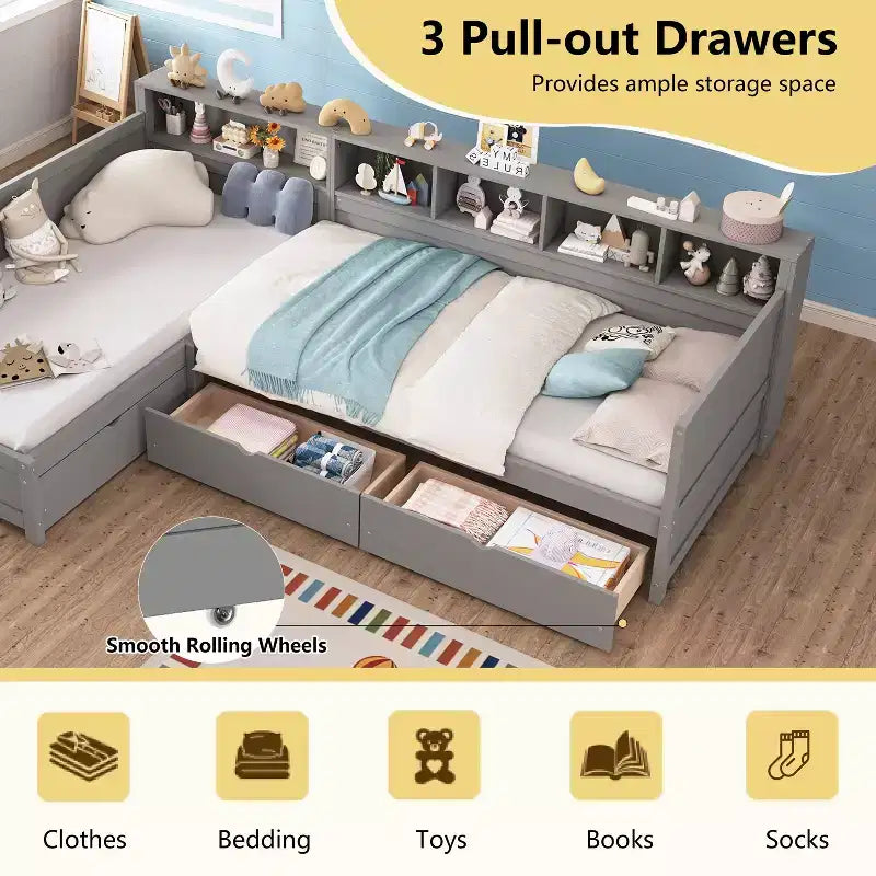 Twin Size Day Bed for 2, L- Shape Twin Size Platform Bed with Storage Drawers, Wooden Corner Bed with Bookshelf, Corner Bed Frame for Bedroom