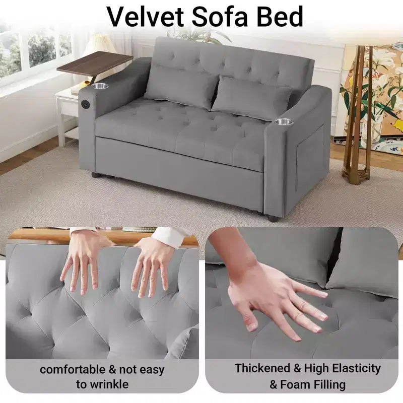 3-in-1 Sleeper Sofa Bed, Convertible Pull Out Couch with Small Table, USB and Type-C Ports, Loveseat Sleeper Bed with Side Pockets, Grey