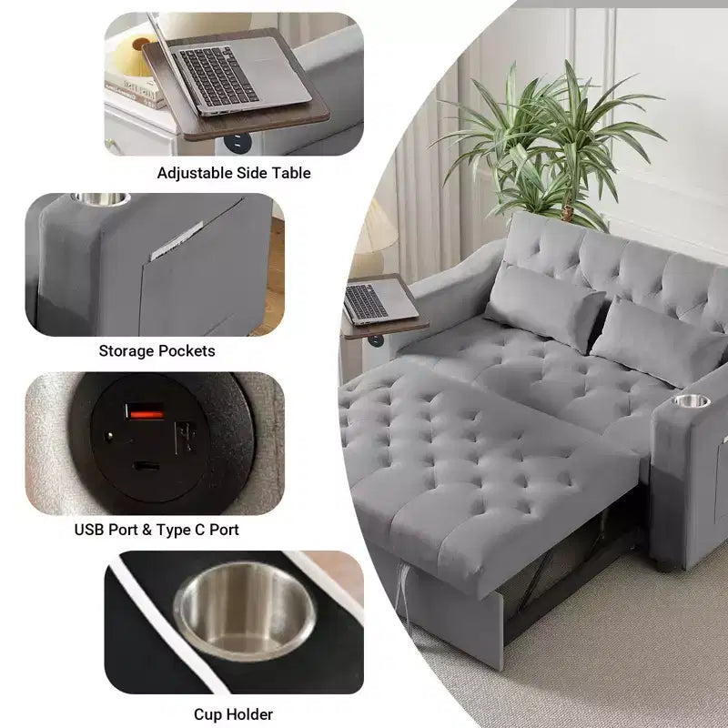 3-in-1 Sleeper Sofa Bed, Convertible Pull Out Couch with Small Table, USB and Type-C Ports, Loveseat Sleeper Bed with Side Pockets, Grey