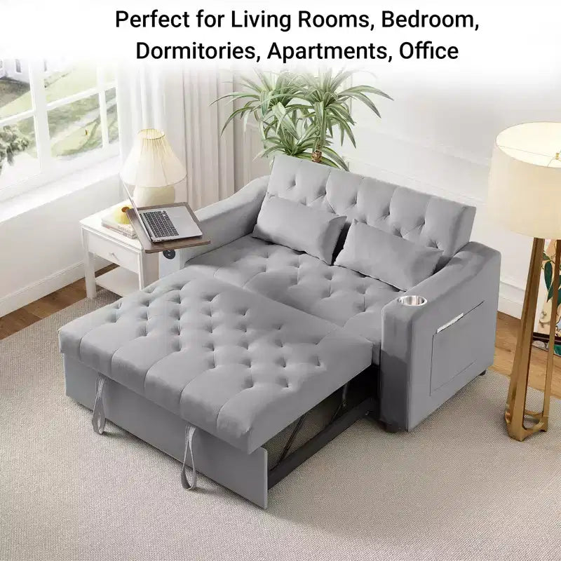 3-in-1 Sleeper Sofa Bed, Convertible Pull Out Couch with Small Table, USB and Type-C Ports, Loveseat Sleeper Bed with Side Pockets, Grey