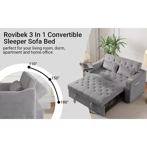 3-in-1 Sleeper Sofa Bed, Convertible Pull Out Couch with Small Table, USB and Type-C Ports, Loveseat Sleeper Bed with Side Pockets, Grey