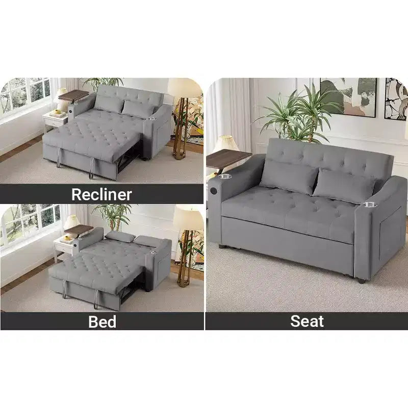 3-in-1 Sleeper Sofa Bed, Convertible Pull Out Couch with Small Table, USB and Type-C Ports, Loveseat Sleeper Bed with Side Pockets, Grey