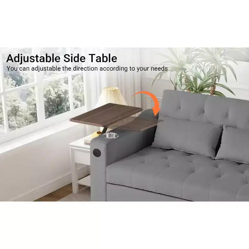 3-in-1 Sleeper Sofa Bed, Convertible Pull Out Couch with Small Table, USB and Type-C Ports, Loveseat Sleeper Bed with Side Pockets, Grey