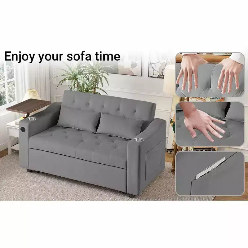 3-in-1 Sleeper Sofa Bed, Convertible Pull Out Couch with Small Table, USB and Type-C Ports, Loveseat Sleeper Bed with Side Pockets, Grey