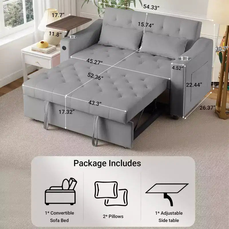 3-in-1 Sleeper Sofa Bed, Convertible Pull Out Couch with Small Table, USB and Type-C Ports, Loveseat Sleeper Bed with Side Pockets, Grey